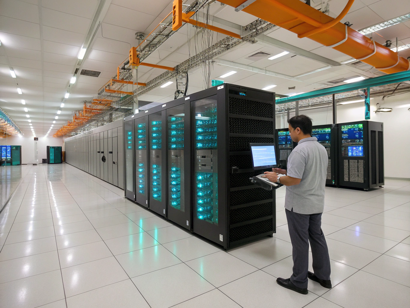 Certified engineer monitoring complex Fortinet firewall infrastructure in a secure data center